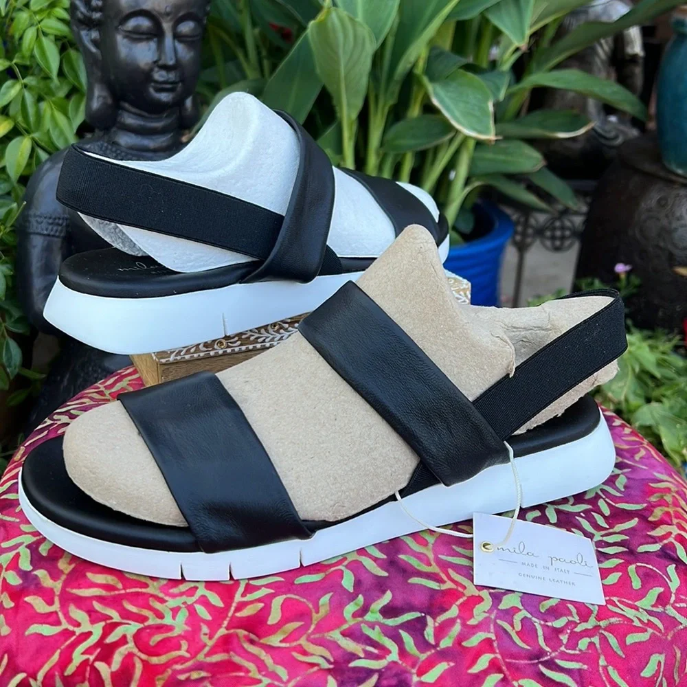 New Black Leather Strappy Slip On Cushion Sandals - Picture 6 of 15